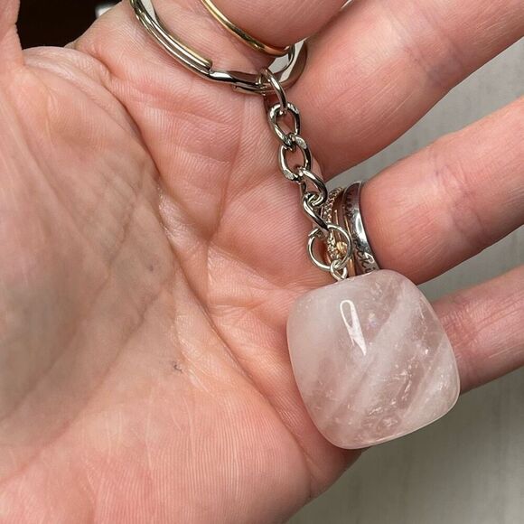 Rose quartz cube keychain key ring pendant chain NEW pink natural - Picture 7 of 7